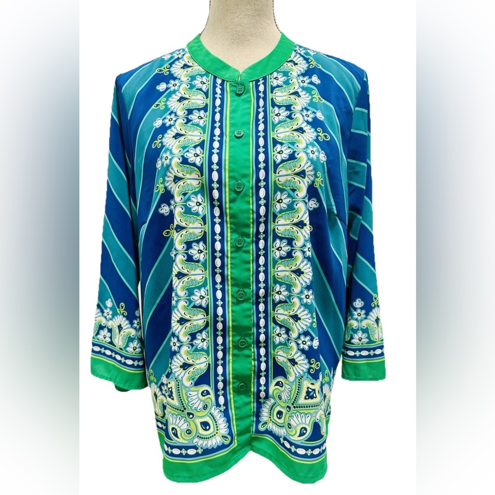 Bob Mackie L Paisley Blue Green Blouse/Top Relaxed Boxy Button Up ResortWear